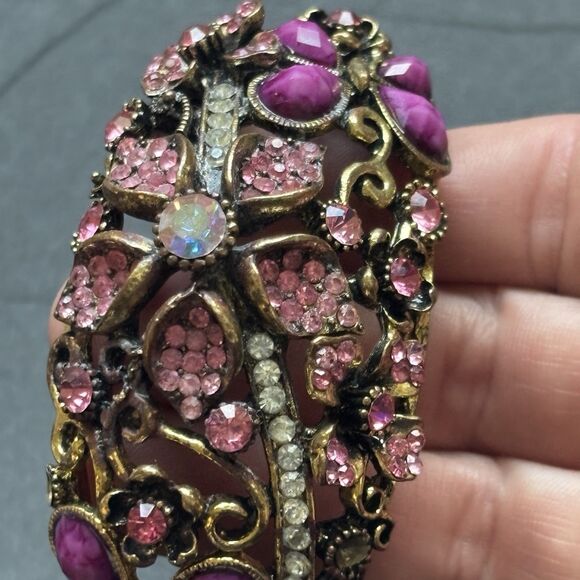 Vintage Mid Century Floral Rhinestone Clamper Bracelet Purple Pink Jewelry - Picture 8 of 16